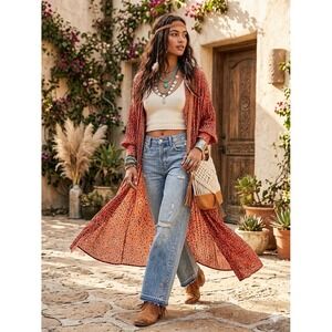 Free People Leopard Print Duster Kimono Orange Black Animal‎ Button Front XS